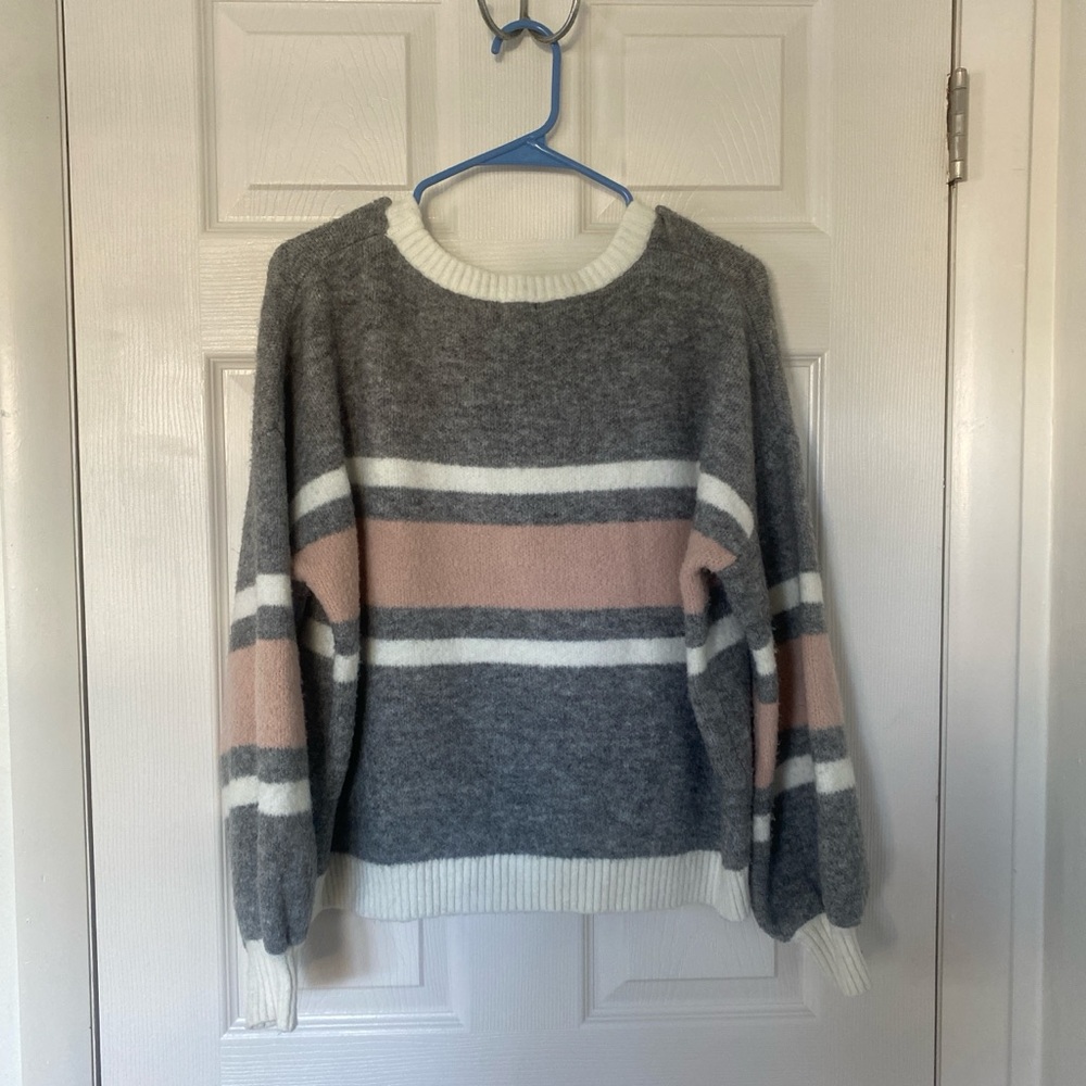 Lumiere Gray and Pink Striped Crew Neck Sweater